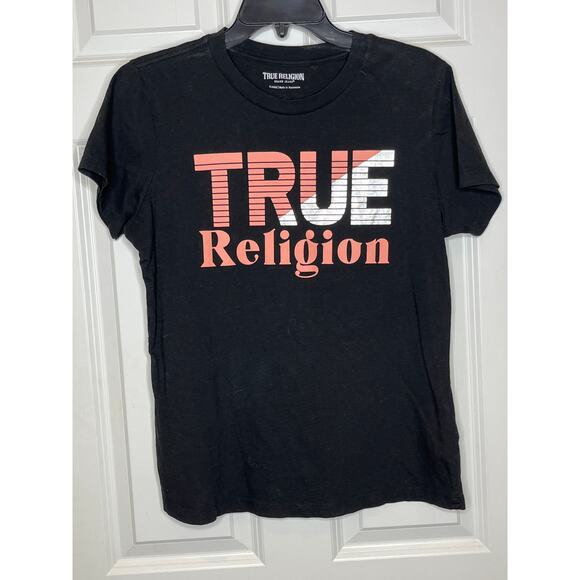 True Religion Black with Pink Graphic Logo Short Sleeve Tee XL - Picture 1 of 7
